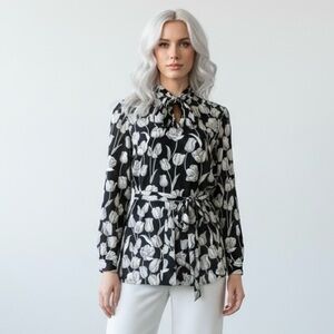 Alex Colman Sports Wear Vintage Floral Print Hood Long Sleeve Black White Tunic